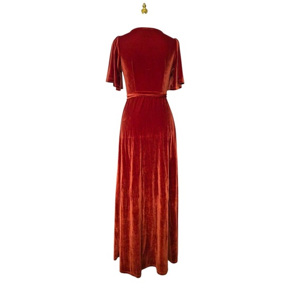Baltic Born Velvet Wrap Maxi Dress Rust Burnt Orange Flutter Sleeve Size S - Picture 3 of 10